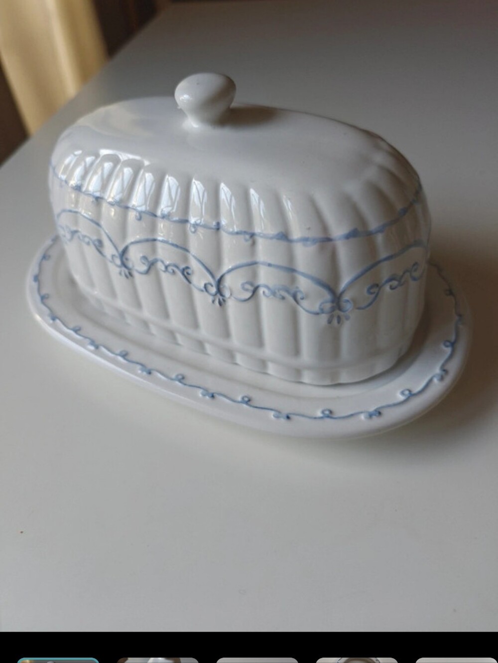White Butter dish ceramic cottage core 8x5 x4.5" blue scroll